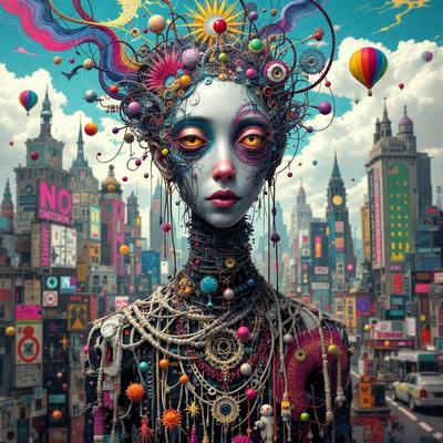 The primary subject of the image is a woman with a unique and creative appearance. She is wearing a headpiece and has a distinctive look, possibly resembling a character from a comic book or a futuristic setting. The setting is a bustling city with a busy street filled with cars and traffic lights. The visual style of the image is a combination of digital art and illustration, creating a vibrant and eye-catching scene. The colors and mood of the image are lively and ener